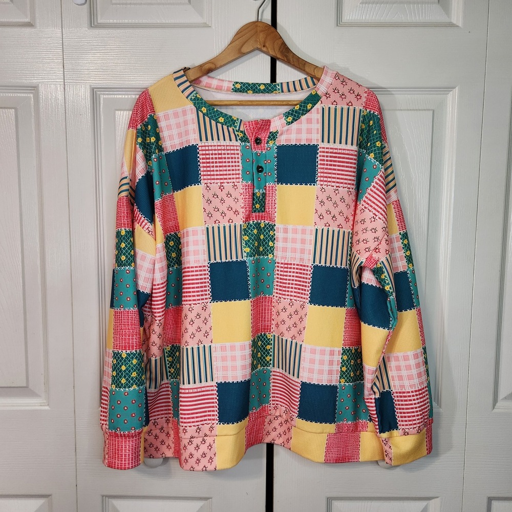 Vintage Style Patchwork Quilt Print Henley Sweatshirt Multicolor 2XL Waffle Knit